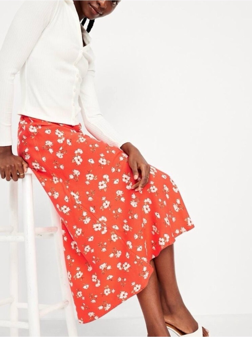 Old Navy Crepe A-Line Midi Skirt Orangish Red Floral Pull-On Sz 2XL Cottagecore